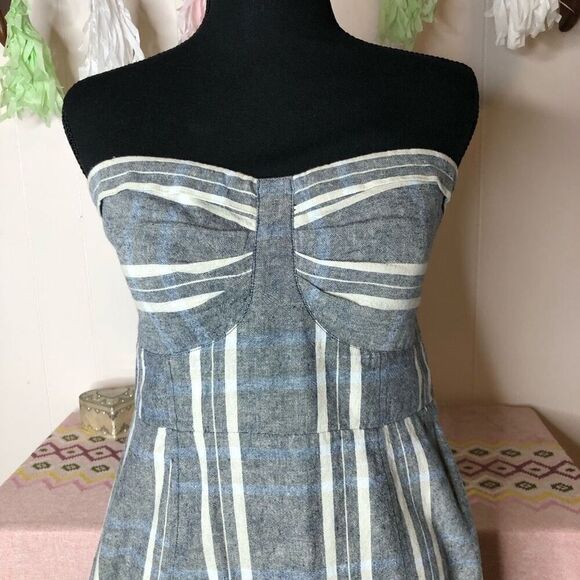 Free People Womens Plaid Strapless Midi Dress Gray Light Blue Size Small Petite - Picture 3 of 7